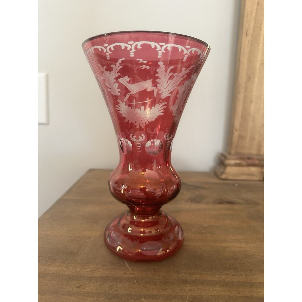 Vintage Egermann Bohemian Ruby Red Cut To Clear Etched Glass 8.5”T Deer And Bird